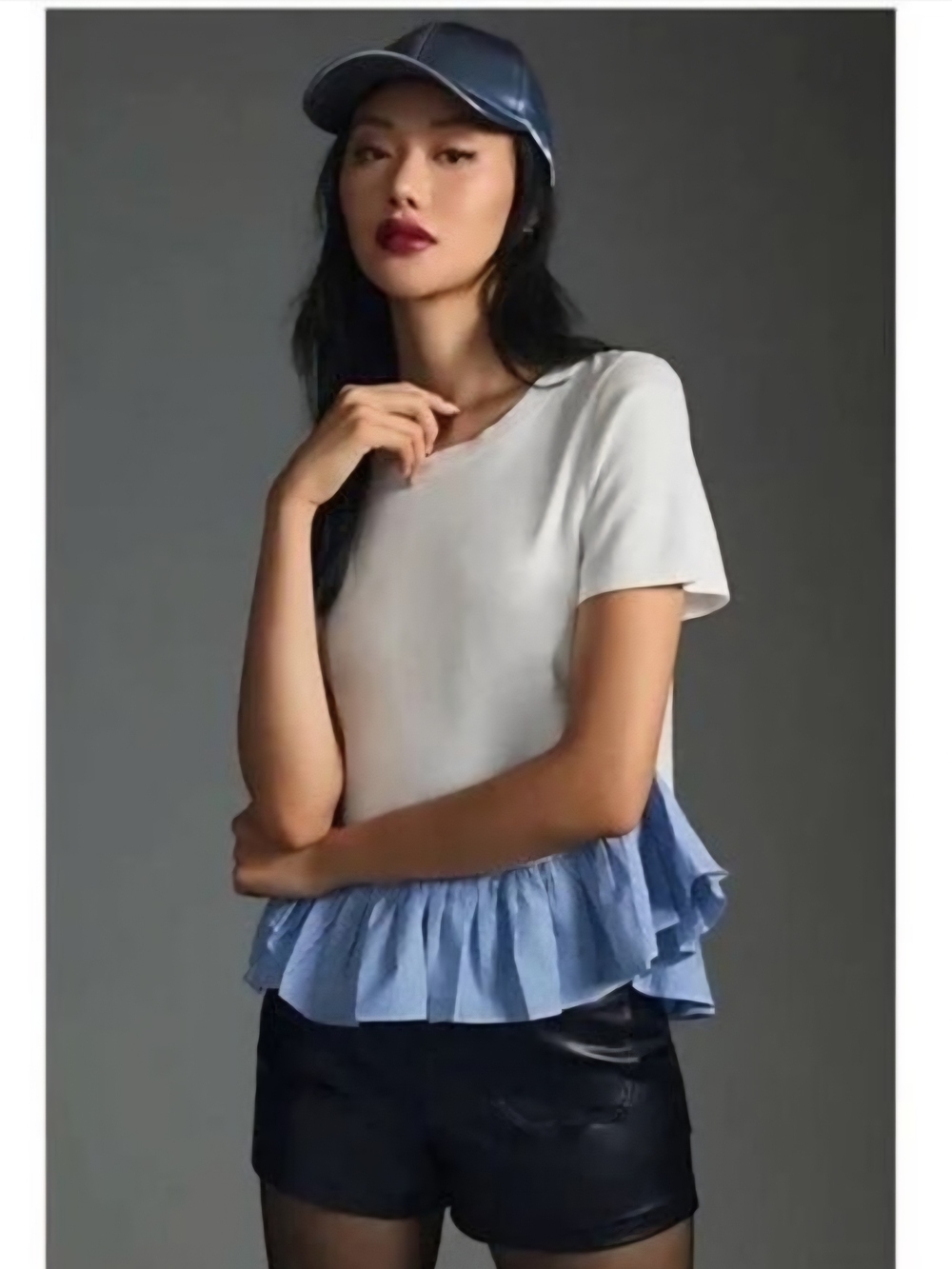 Anthropologie Maeve White Short-Sleeve Top with Light Blue Striped Ruffle Hem